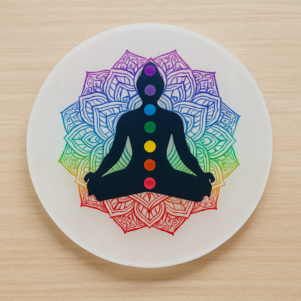 SEVEN CHAKRA HEALING ROUND SELENITE PLATE