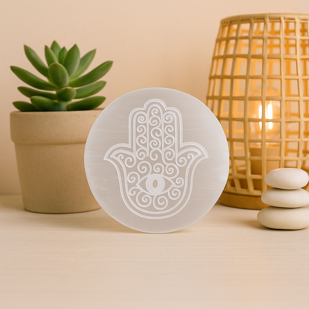 HAMSA HAND SELENITE PLATE ROUND