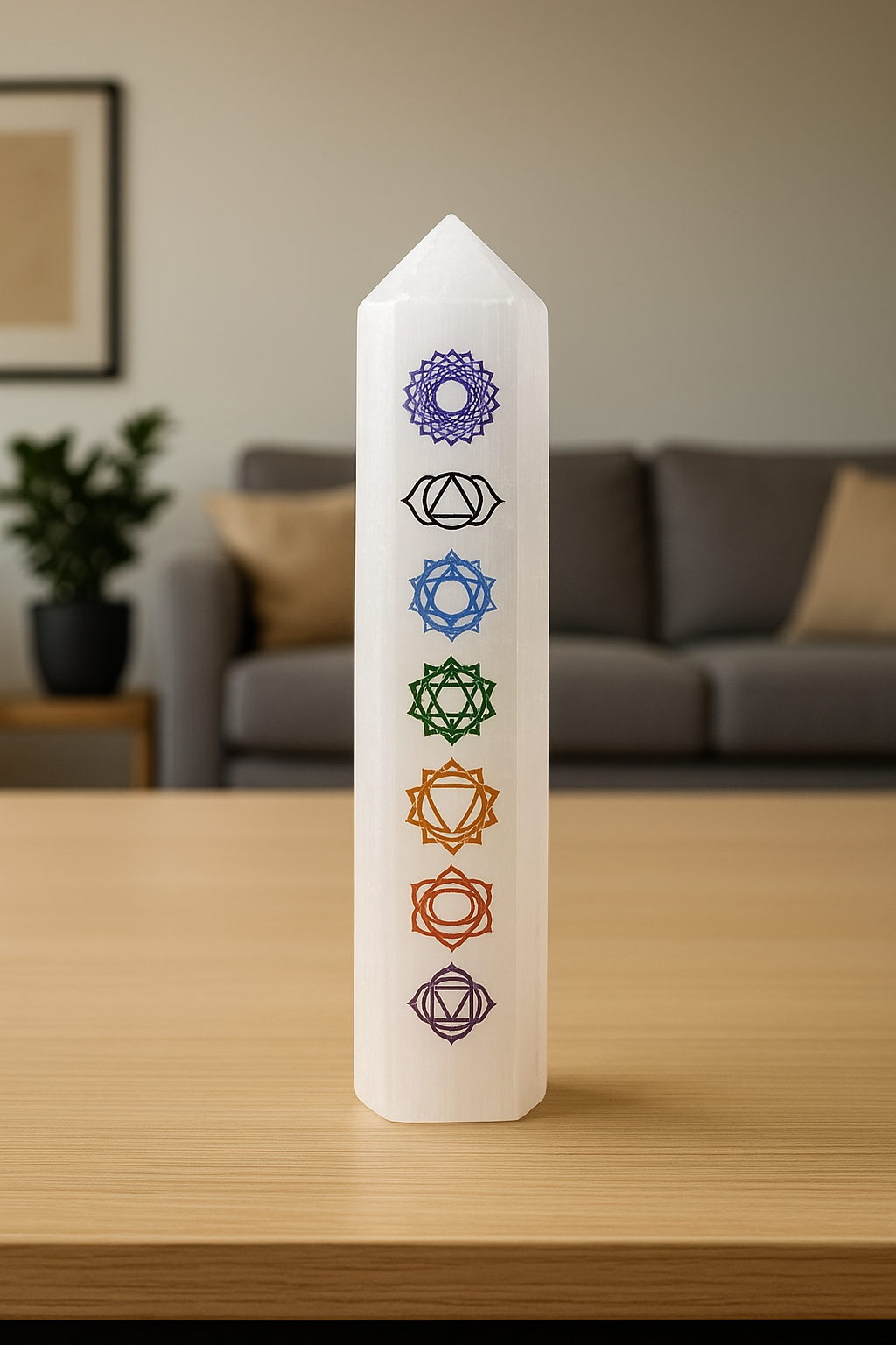 selenite tower with 7 chakra