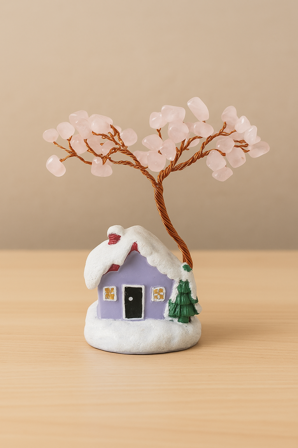 rose quartz tree with house