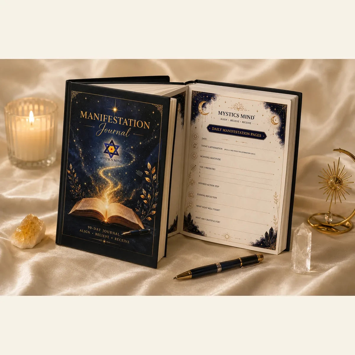 Open Mystics Mind journal showing guided daily manifestation pages