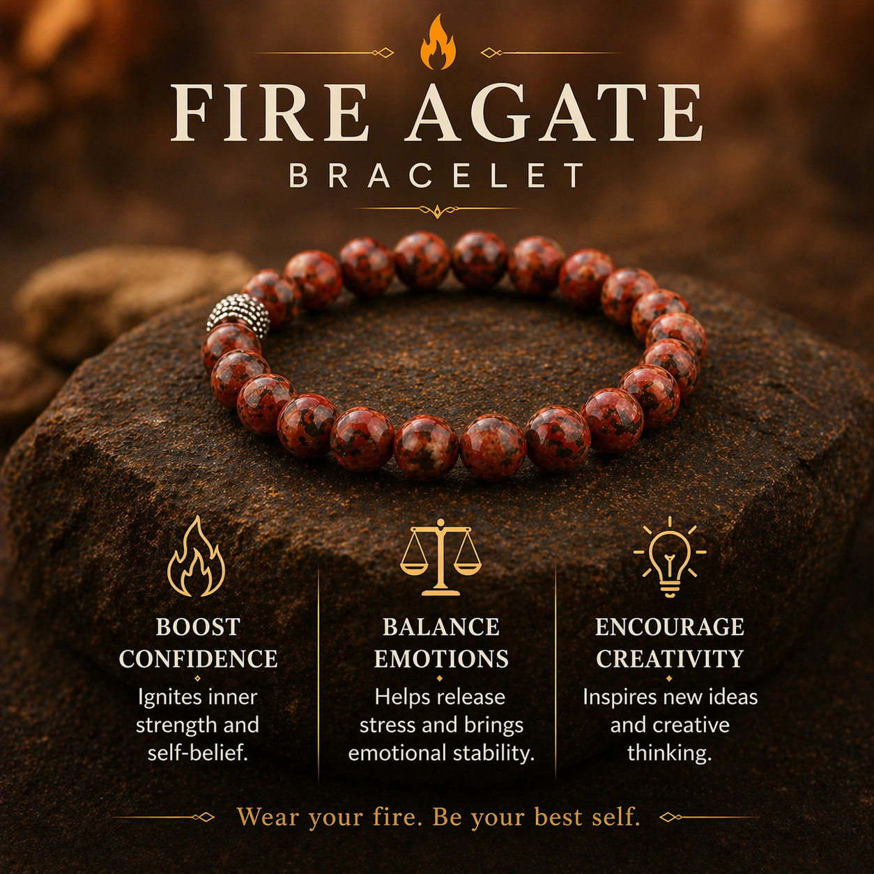 Fire Agate Bracelet for Confidence, Emotional Balance & Creativity | Natural Healing Crystal Bracelet