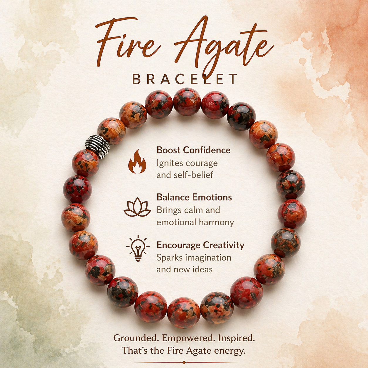 Fire Agate Bracelet for Confidence, Emotional Balance & Creativity | Natural Healing Crystal Bracelet