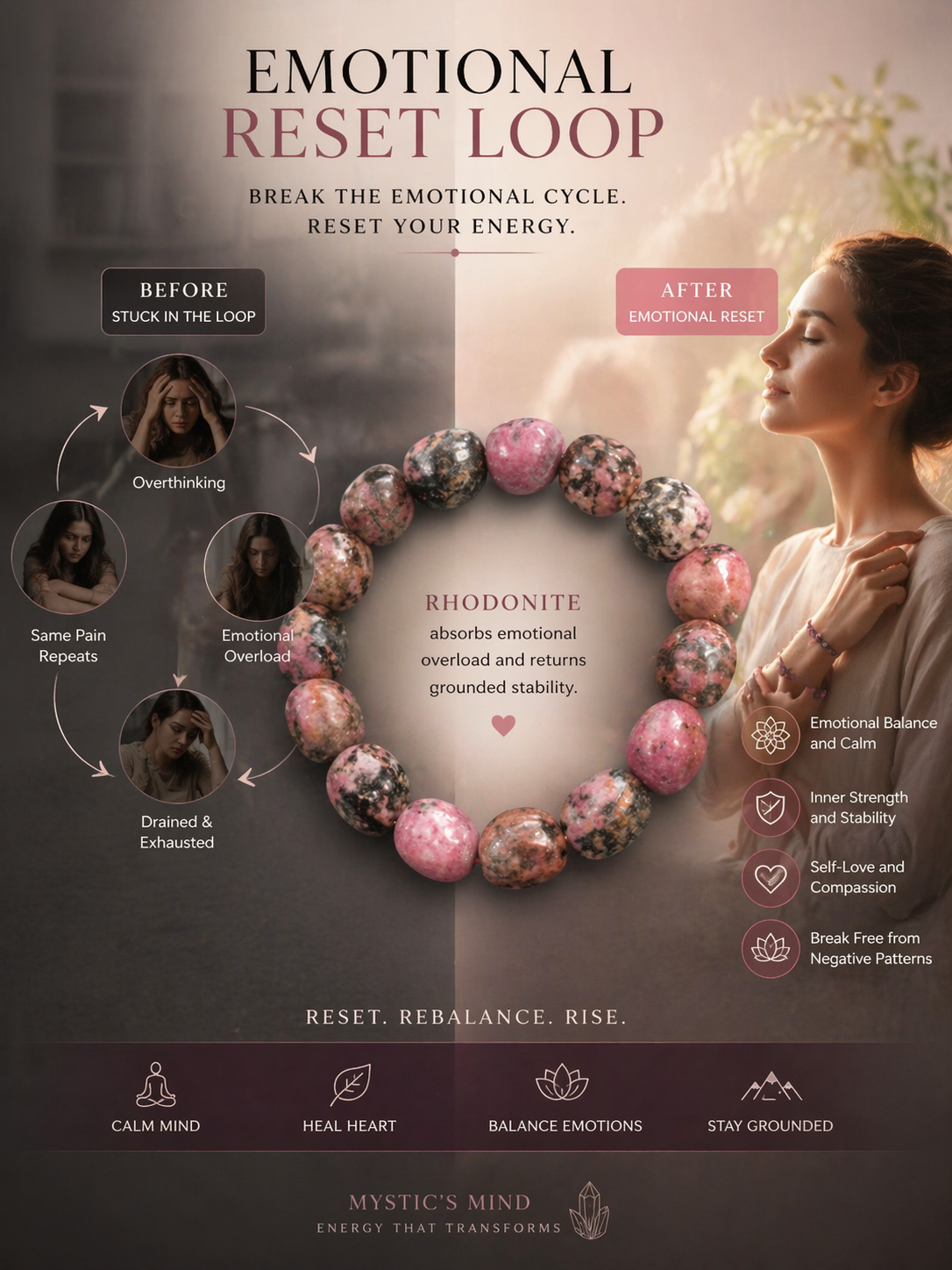 Rhodonite Emotional Balance Bracelet – Energy Exchange Protection, Inner Stability & Heart Healing Crystal Bracelet