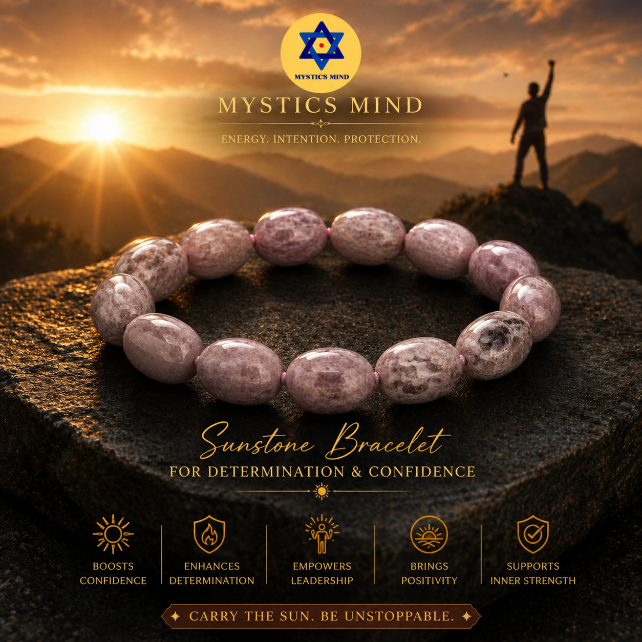 Sunstone Bracelet for Confidence & Determination | Natural Crystal Energy Bracelet | Mystics Minds