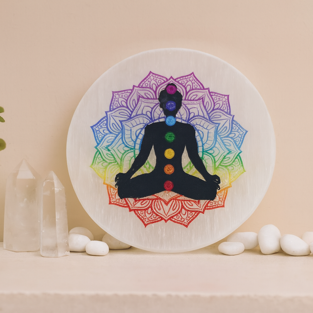 SEVEN CHAKRA HEALING ROUND SELENITE PLATE