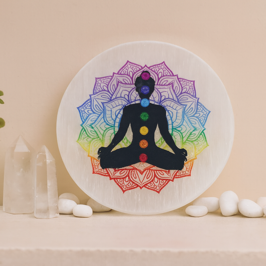 SEVEN CHAKRA HEALING ROUND SELENITE PLATE