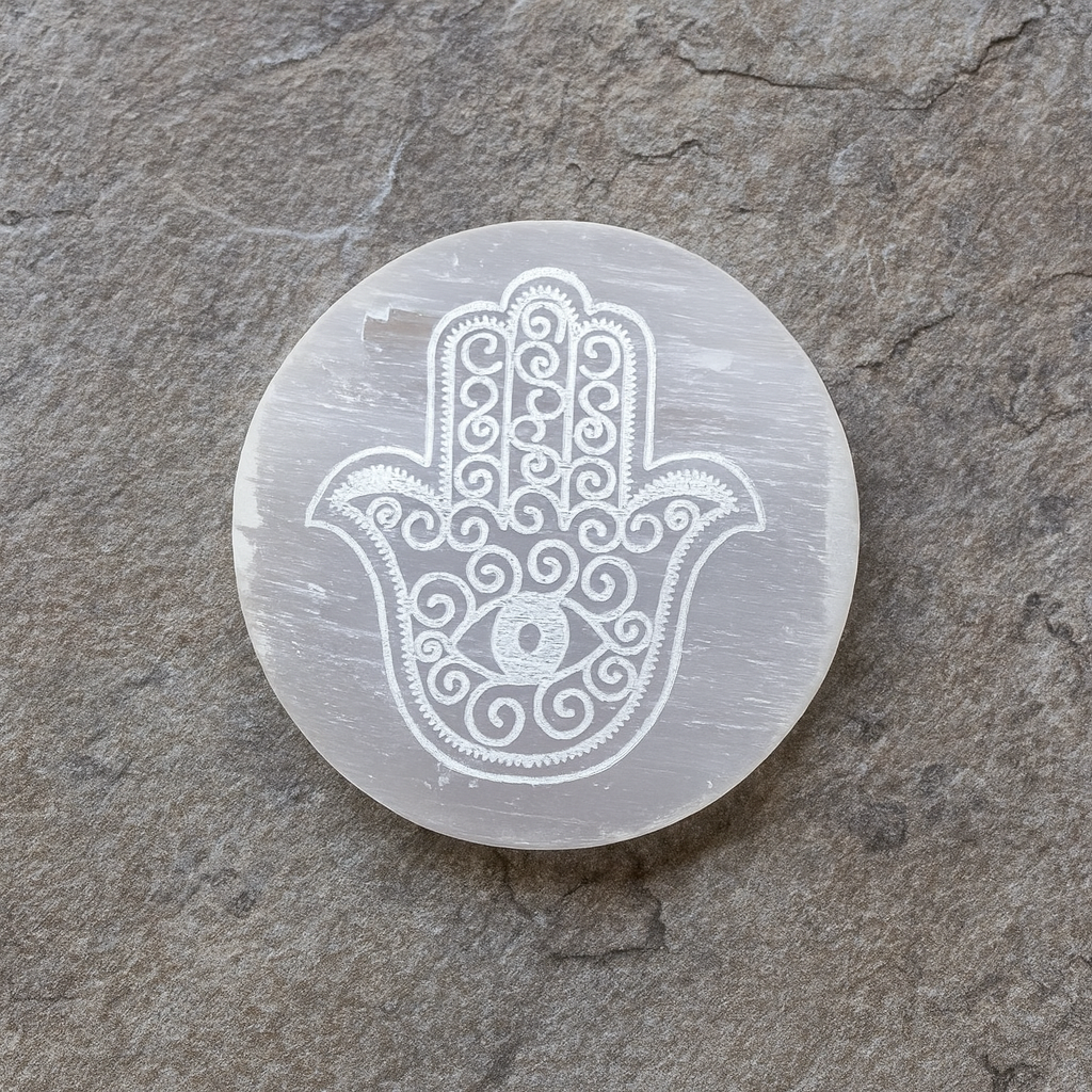 HAMSA HAND SELENITE PLATE ROUND