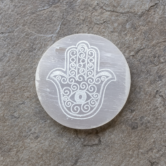 HAMSA HAND SELENITE PLATE ROUND