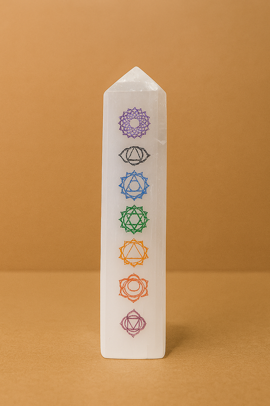 selenite tower with 7 chakra