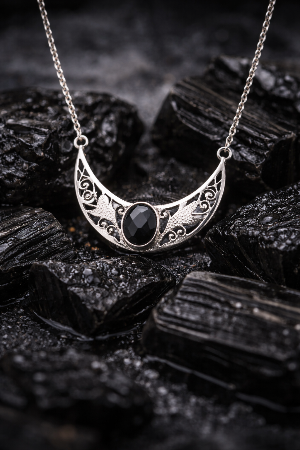 Sterling Silver Black Tourmaline Necklace – Protective Crystal Pendant for Energy Shielding & Grounding