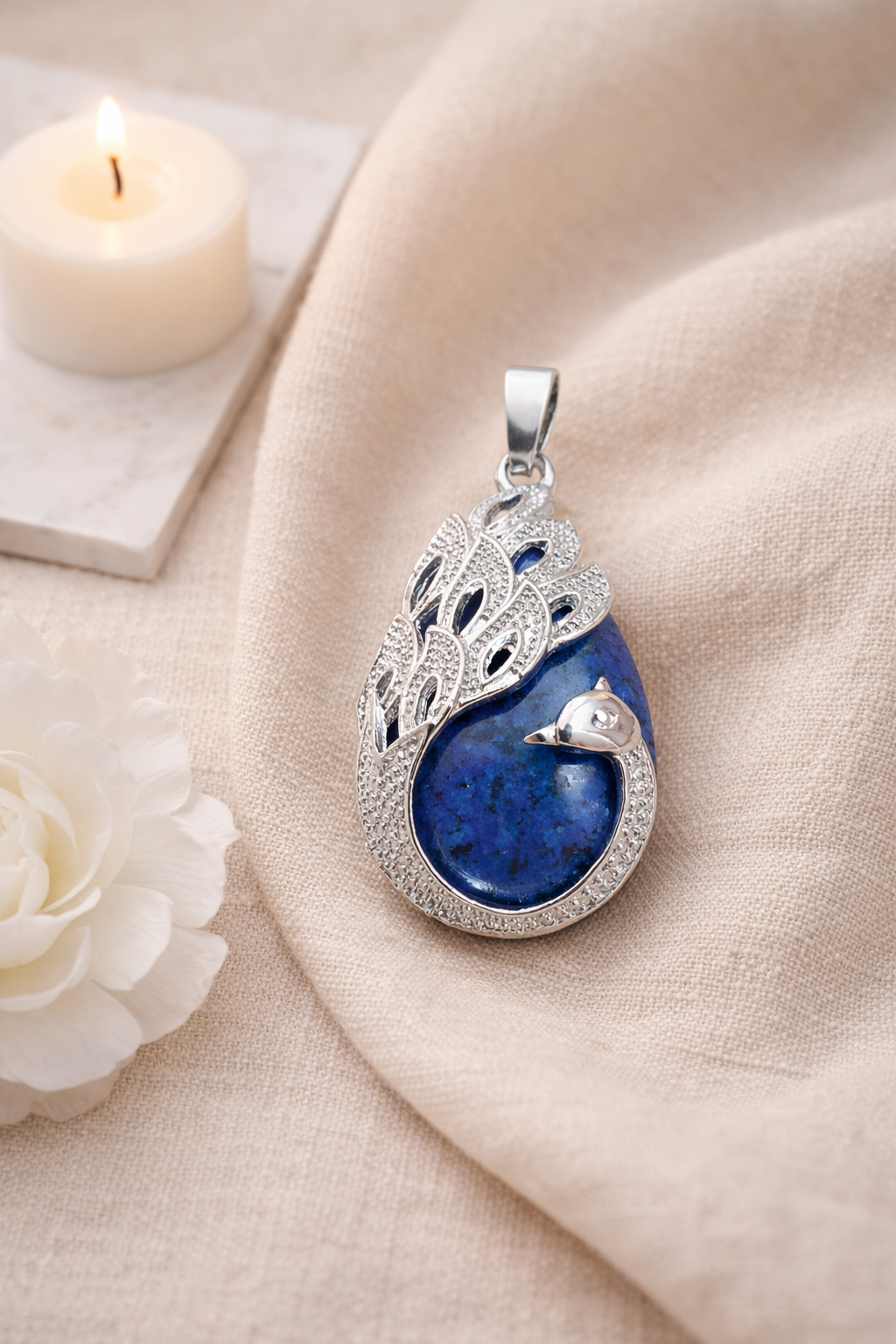 Peacock-Inspired Sterling Silver Lapis Lazuli Pendant – Natural Blue Gemstone Statement Pendant for Women | Elegant Ethnic & Spiritual Jewelry Gift