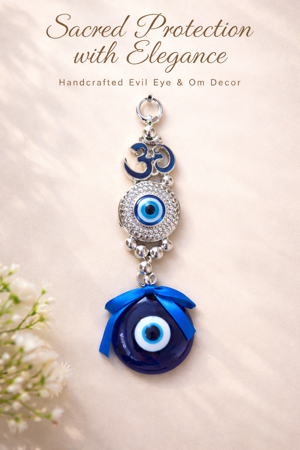Blue Evil Eye with Om Symbol Wall Hanging for Home Entrance – Vastu Protection Decor, Positive Energy Spiritual Door Hanging, Handmade Lucky Charm