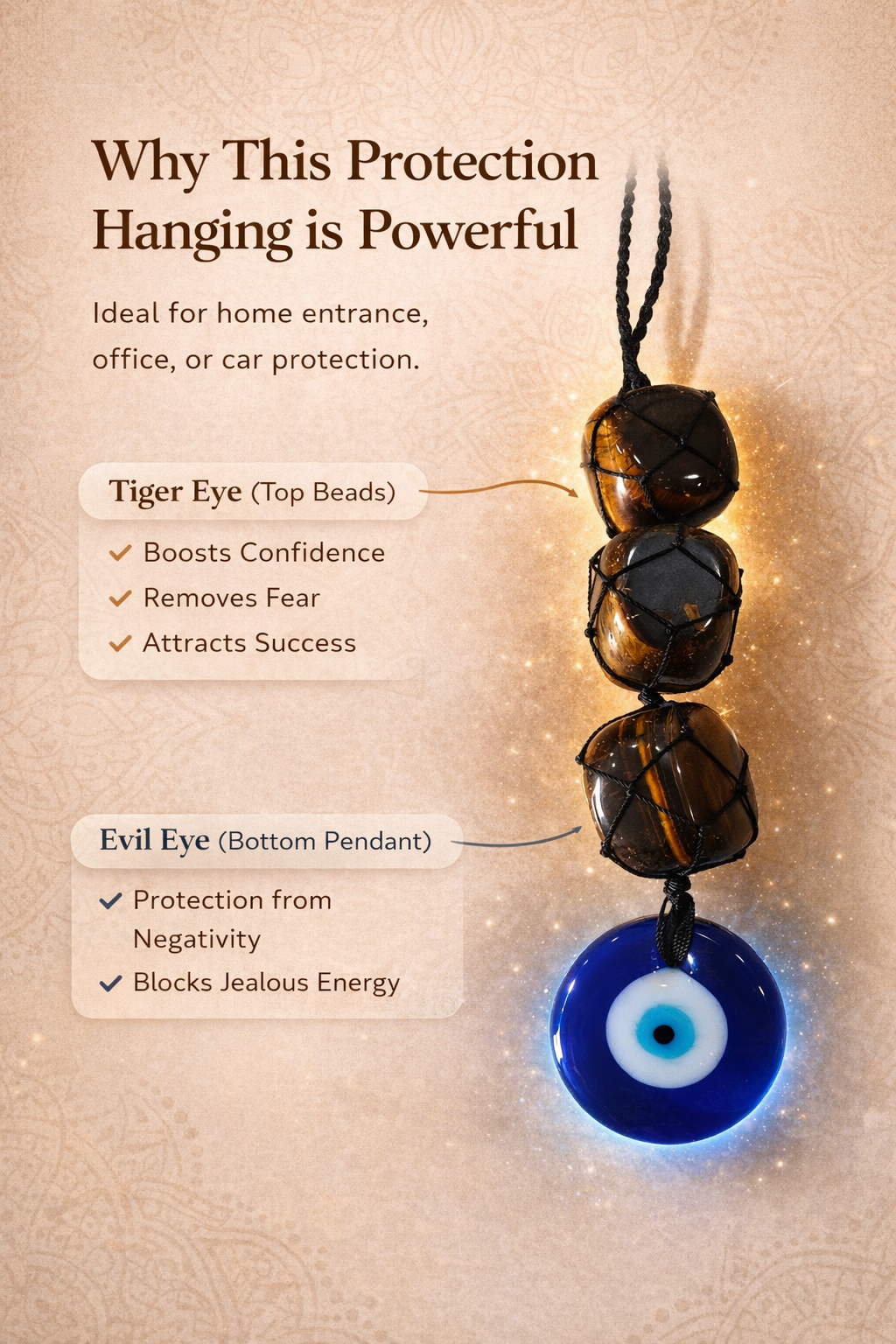 Natural Tiger Eye Evil Eye Hanging – Protection & Strength Vastu Hanging for Home Entrance