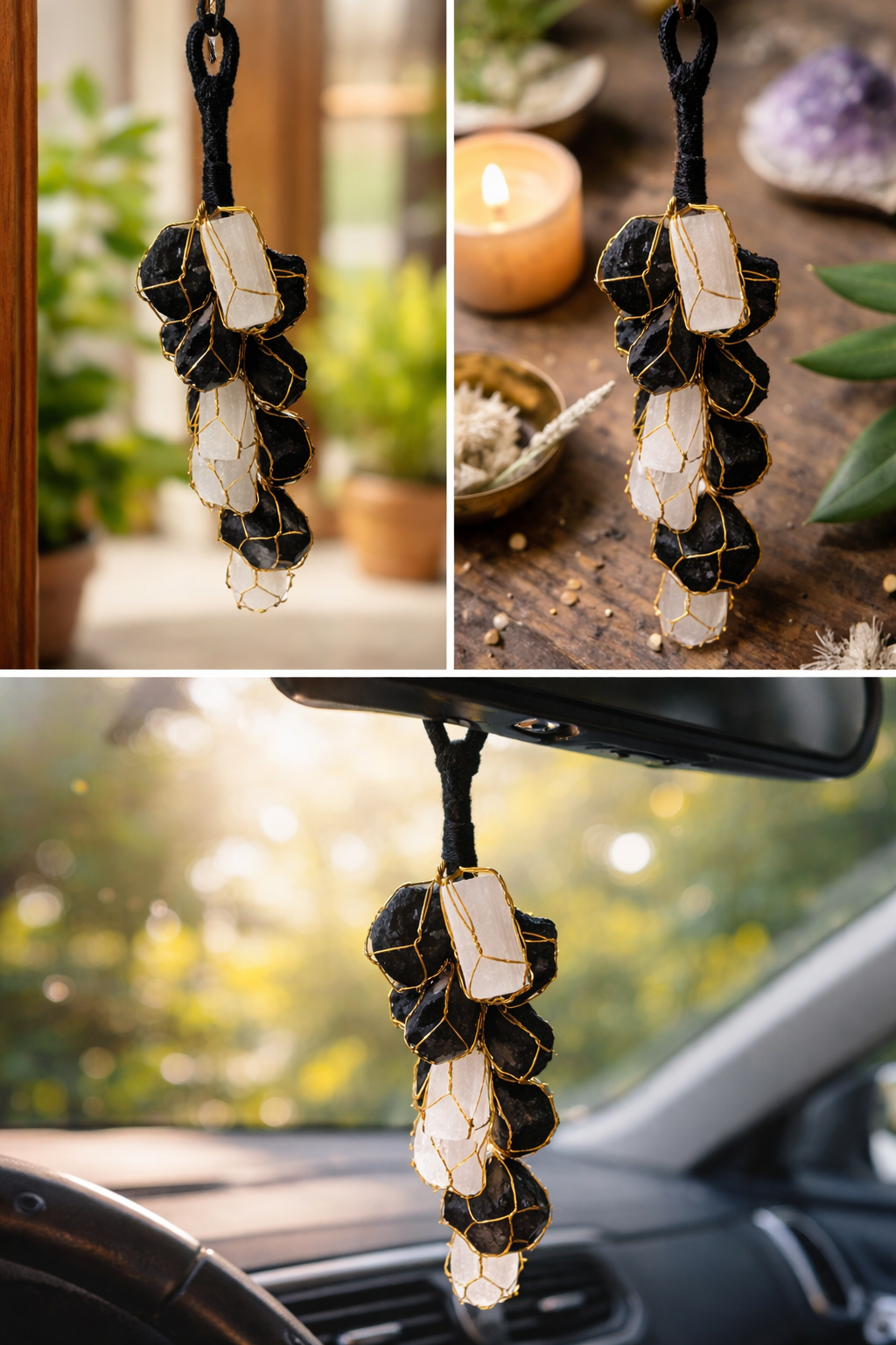 Black Tourmaline & Selenite Protection Hanging | Evil Eye Removal | Aura Cleansing Crystal Decor for Home, Office & Car