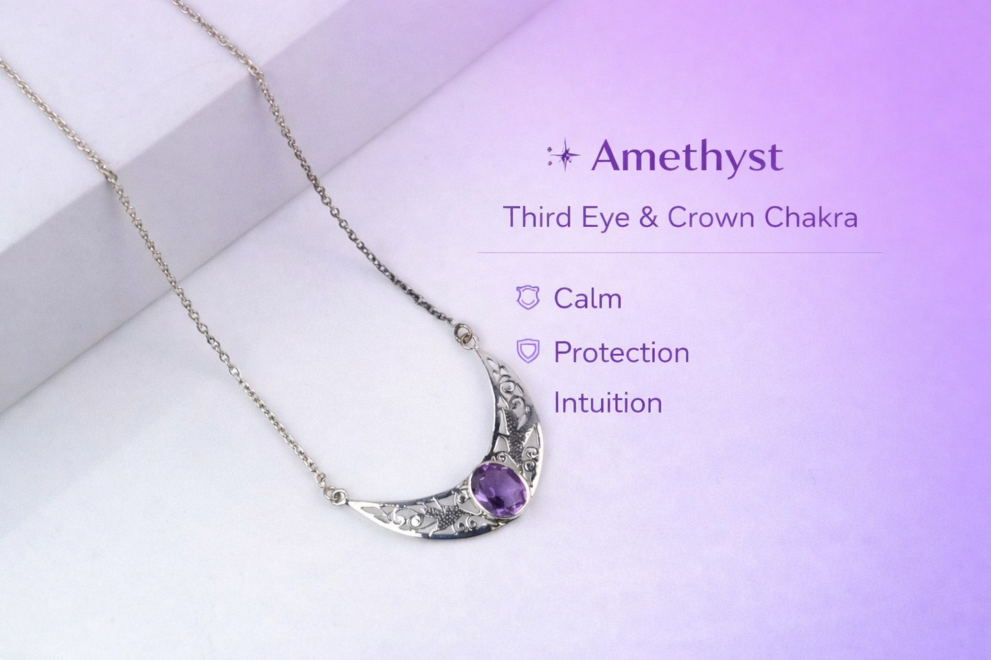 Amethyst Sterling Silver Crescent Necklace | Calm & Protection Jewelry
