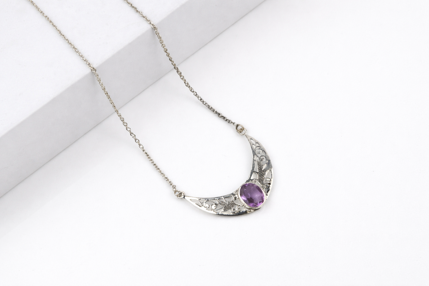 Amethyst Sterling Silver Crescent Necklace | Calm & Protection Jewelry