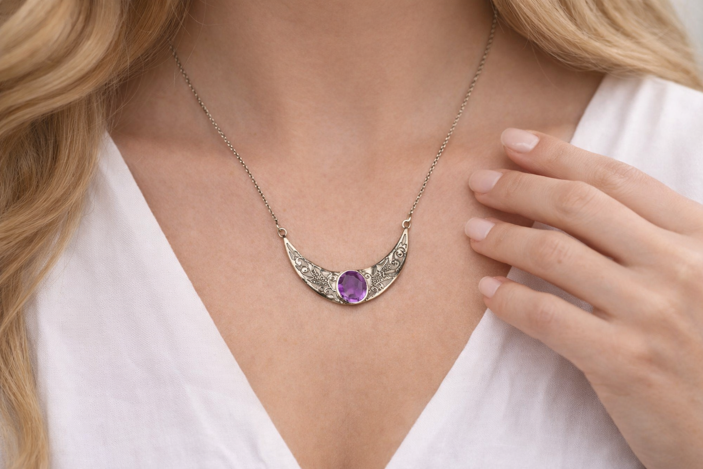 Amethyst Sterling Silver Crescent Necklace | Calm & Protection Jewelry