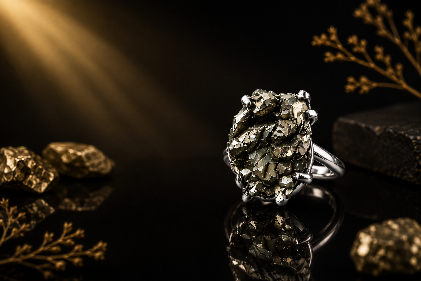 Natural Raw Pyrite Silver Ring