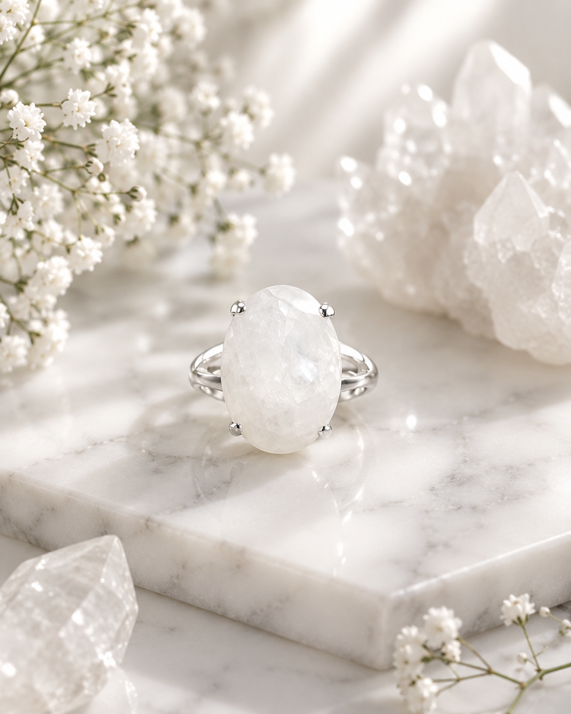 Natural White Moonstone Ring – Handmade Sterling Silver Crystal Ring for Inner Peace & New Beginnings