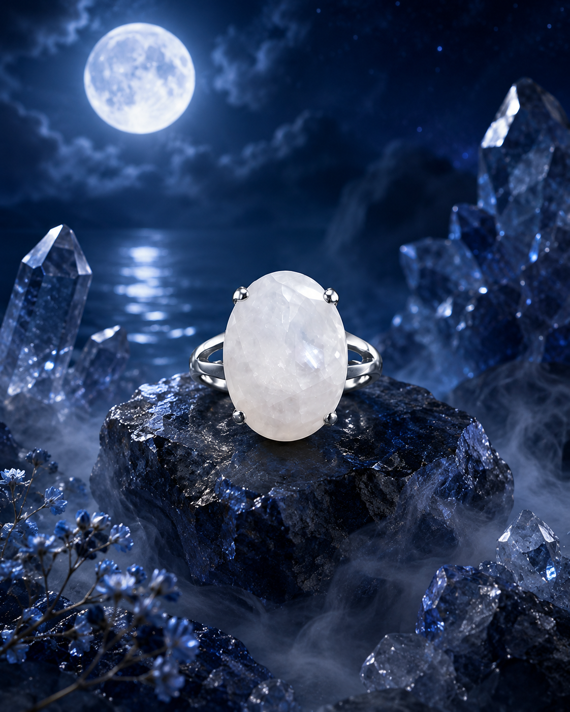 Natural White Moonstone Ring – Handmade Sterling Silver Crystal Ring for Inner Peace & New Beginnings