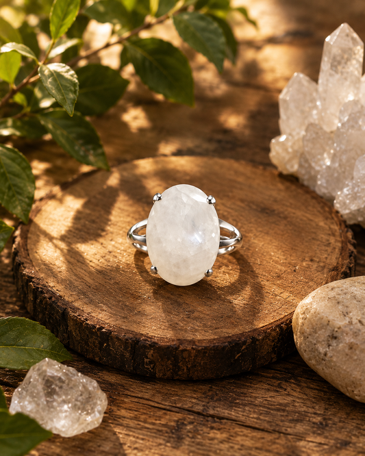 Natural White Moonstone Ring – Handmade Sterling Silver Crystal Ring for Inner Peace & New Beginnings