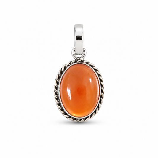 925 Sterling Silver Carnelian Pendant | Natural Orange Gemstone Pendant | Handmade Oval Silver Pendant