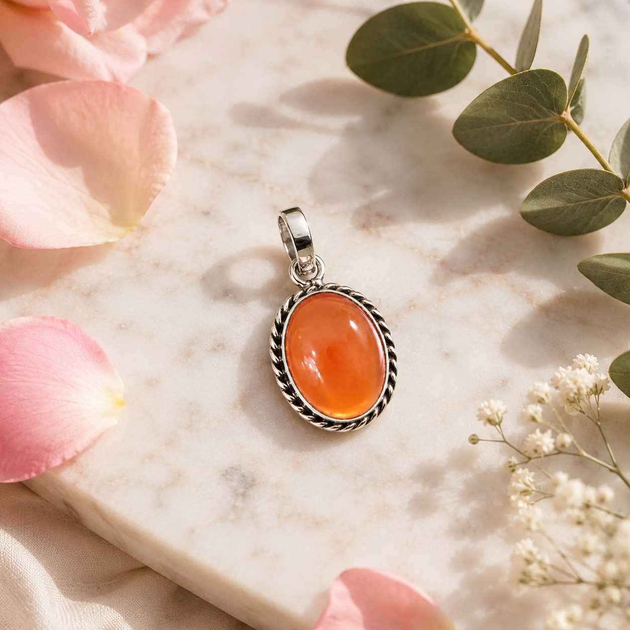 925 Sterling Silver Carnelian Pendant | Natural Orange Gemstone Pendant | Handmade Oval Silver Pendant