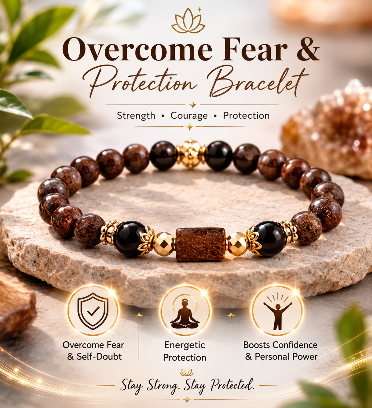 Overcome Fear & Protection Bracelet – Courage, Confidence, Grounding & Energy Shield Crystal Bracelet