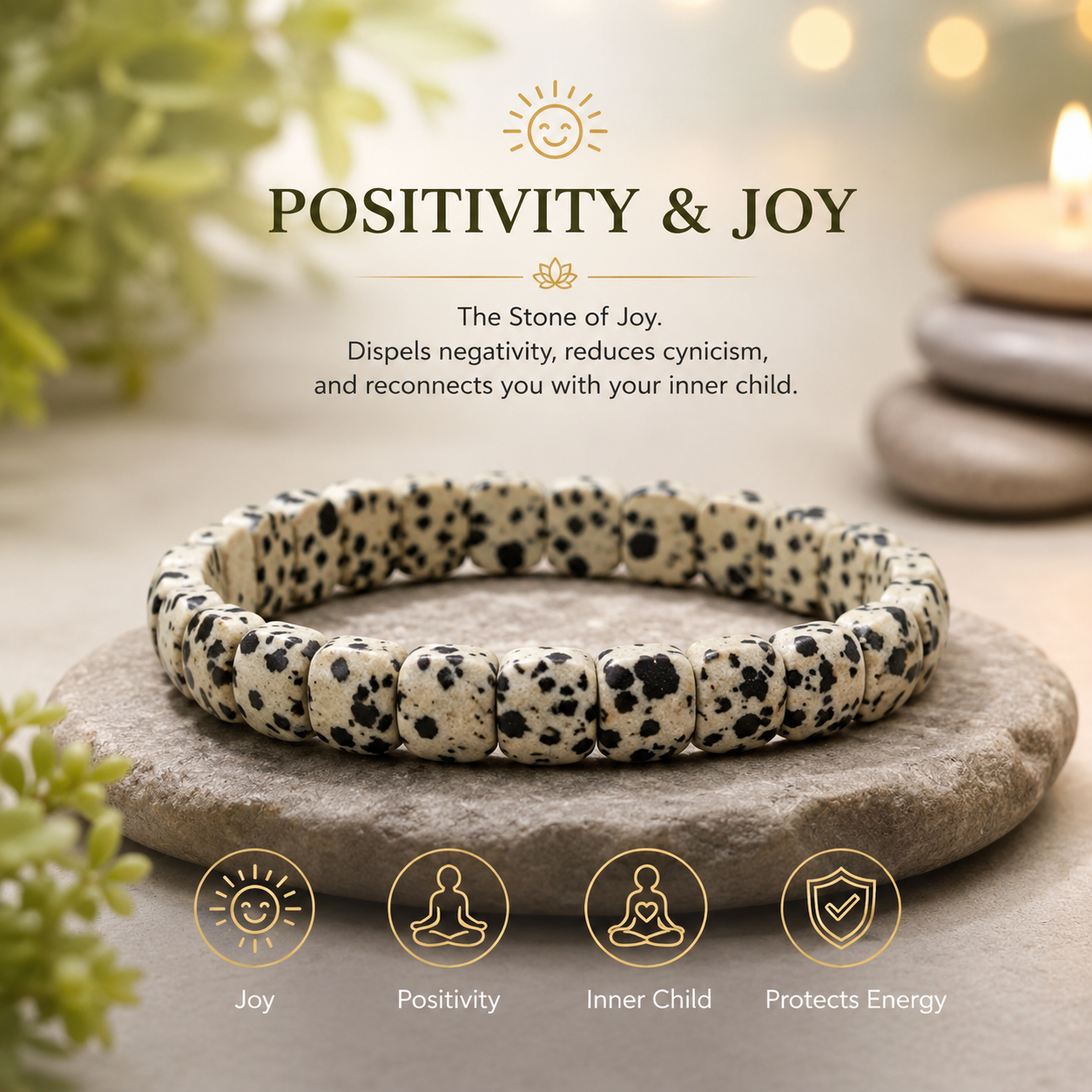 Natural Dalmatian Jasper Bracelet – Positivity, Joy, Protection & Grounding Crystal Healing Bracelet