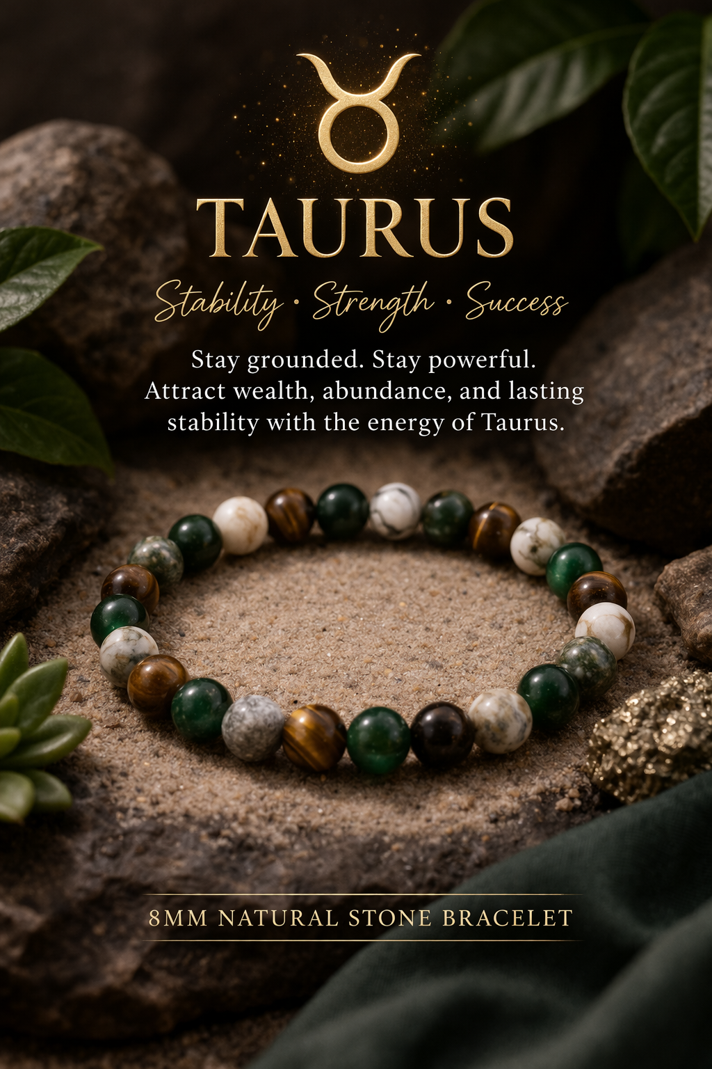 Taurus Zodiac Bracelet – Natural Stone Healing Bracelet for Wealth, Stability & Grounding Energy