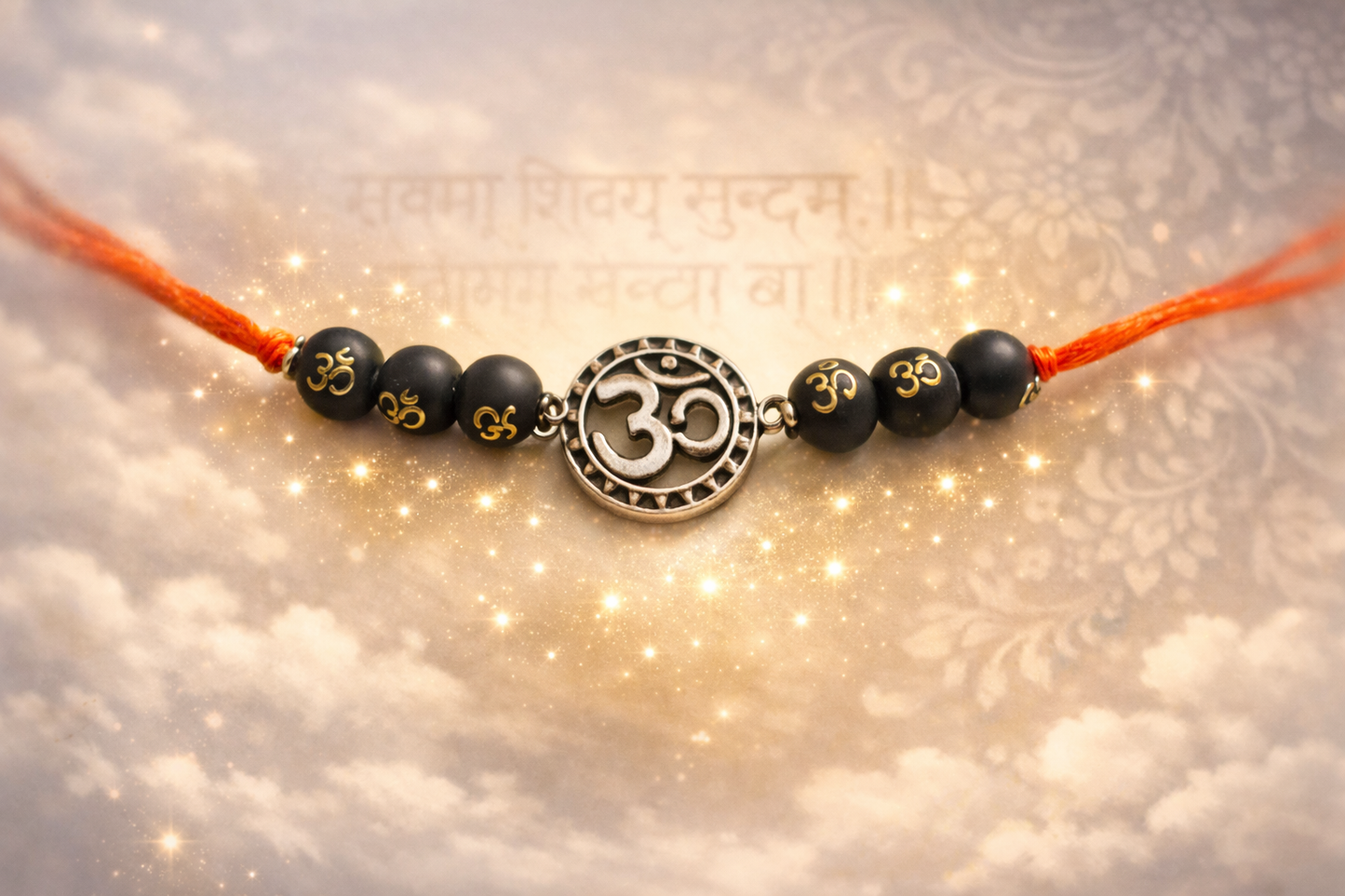 Spiritual Om Rakhi Bracelet for Raksha Bandhan – Silver Om Charm with Sacred Beads | Protective & Auspicious Brother Rakhi Gift | Handmade Spiritual Rakhi