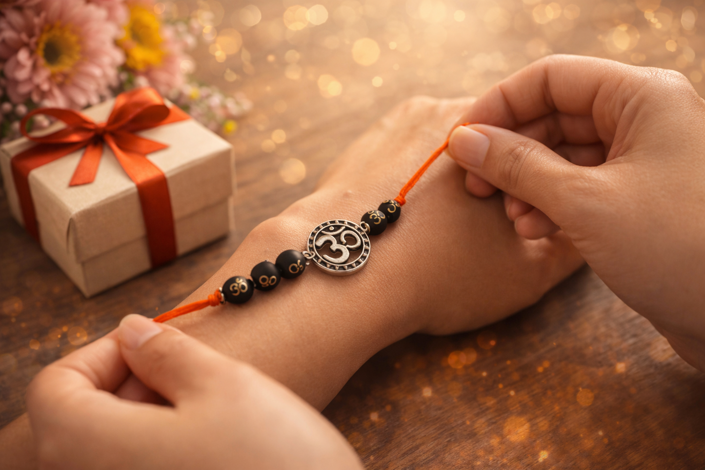 Spiritual Om Rakhi Bracelet for Raksha Bandhan – Silver Om Charm with Sacred Beads | Protective & Auspicious Brother Rakhi Gift | Handmade Spiritual Rakhi