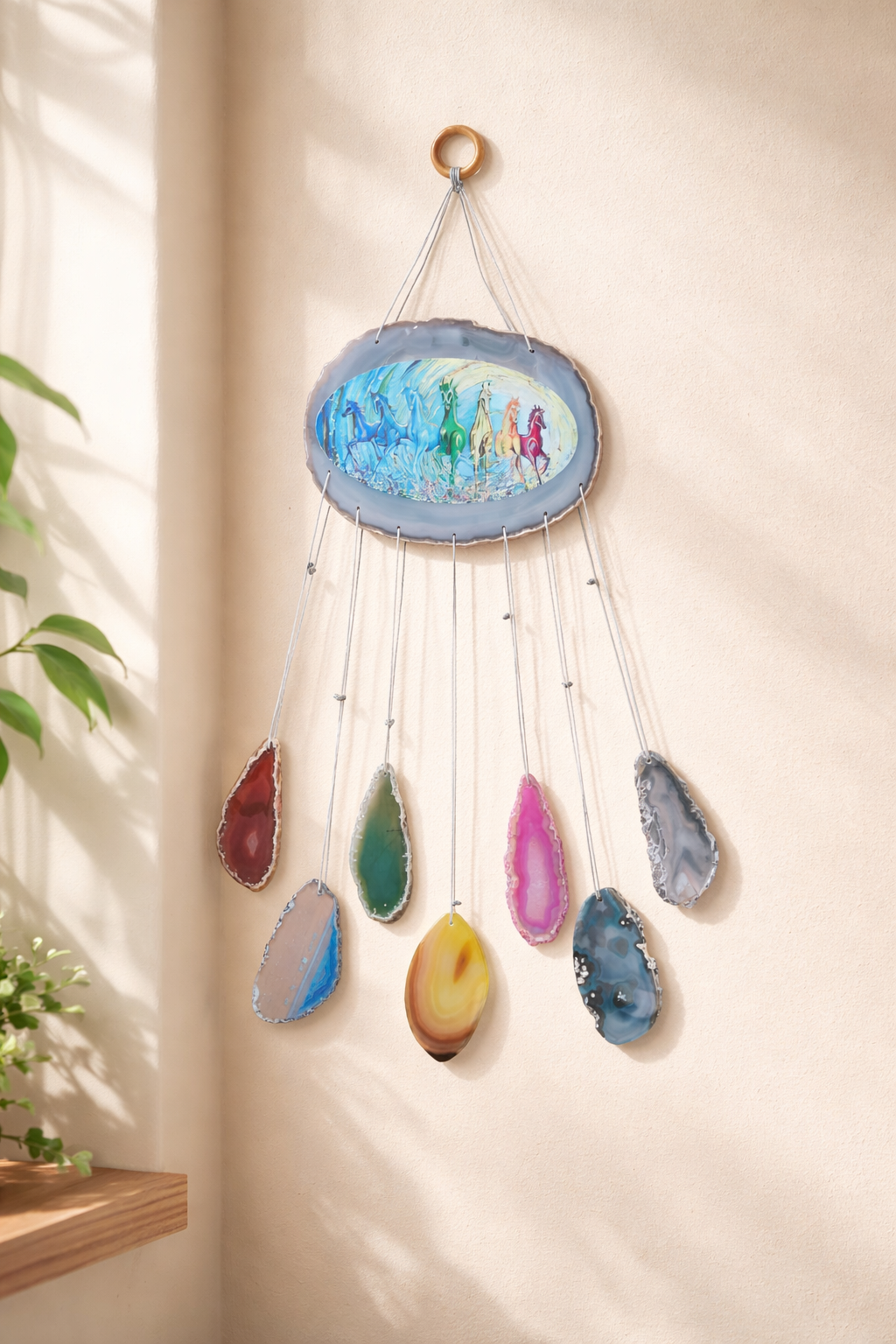 Premium Natural Agate 7 Horse Wall Hanging – Spiritual Decor for Prosperity & Progress