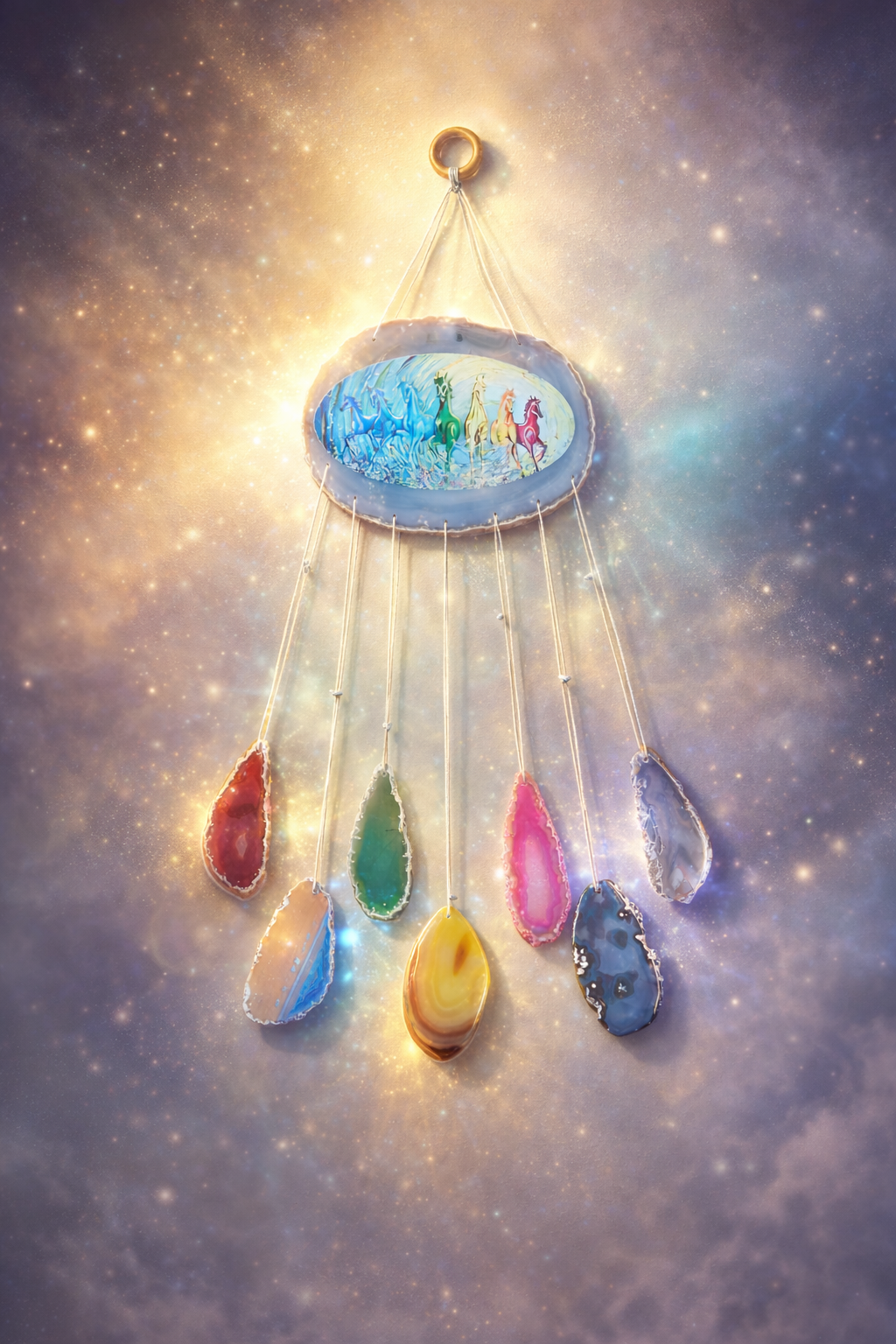 Premium Natural Agate 7 Horse Wall Hanging – Spiritual Decor for Prosperity & Progress