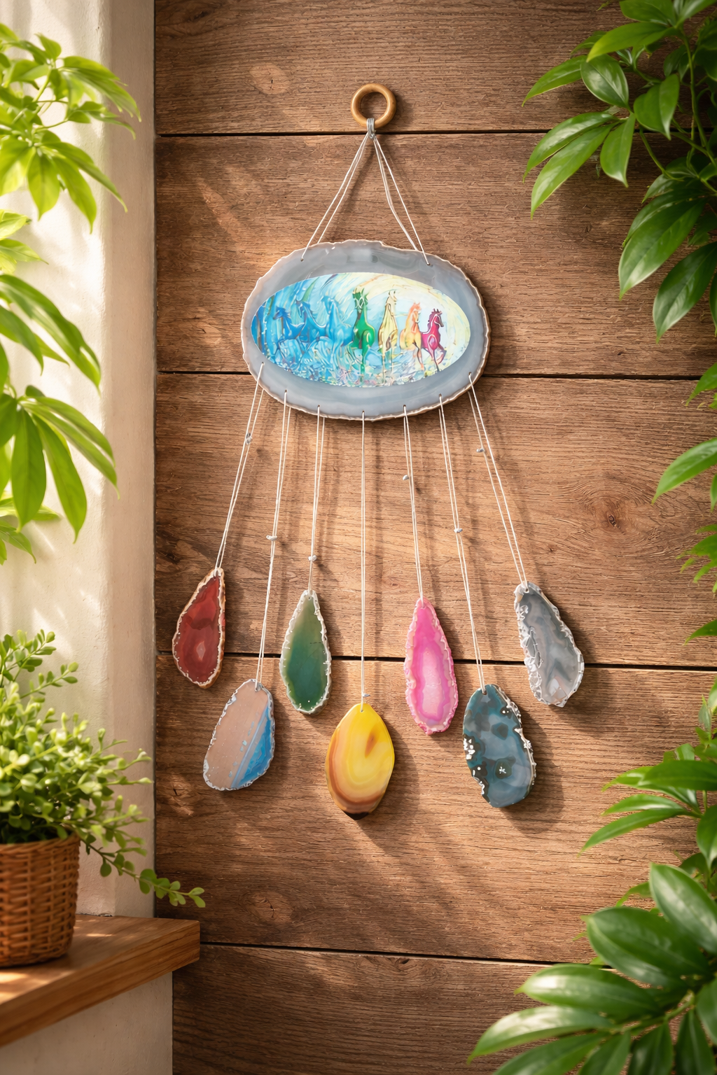 Premium Natural Agate 7 Horse Wall Hanging – Spiritual Decor for Prosperity & Progress