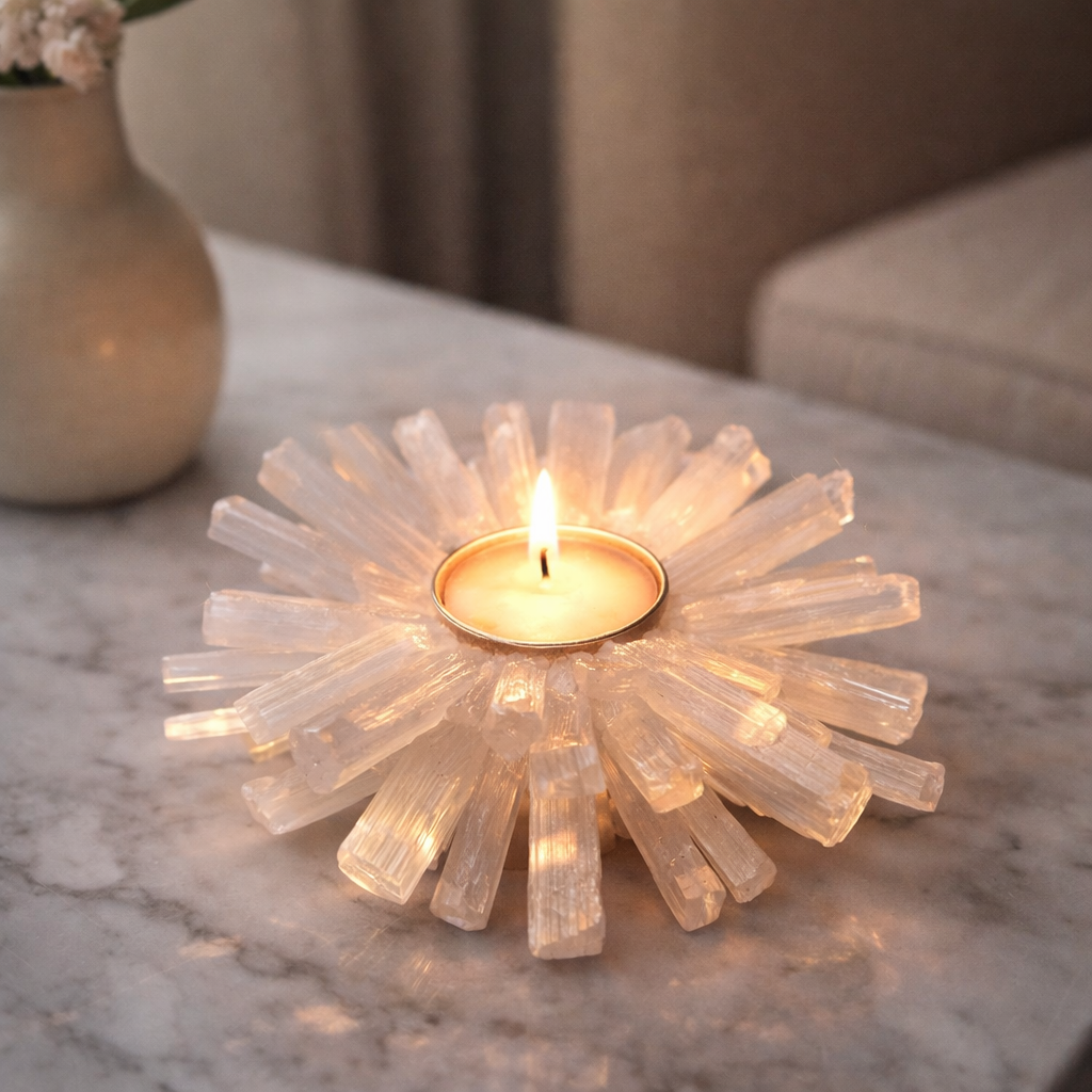 Natural Selenite Crystal Energy Candle Holder