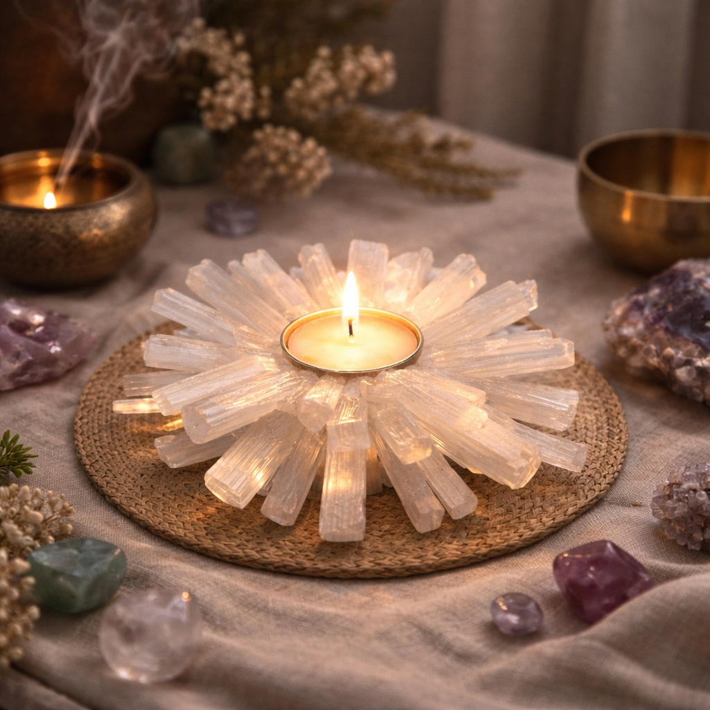 Natural Selenite Crystal Energy Candle Holder
