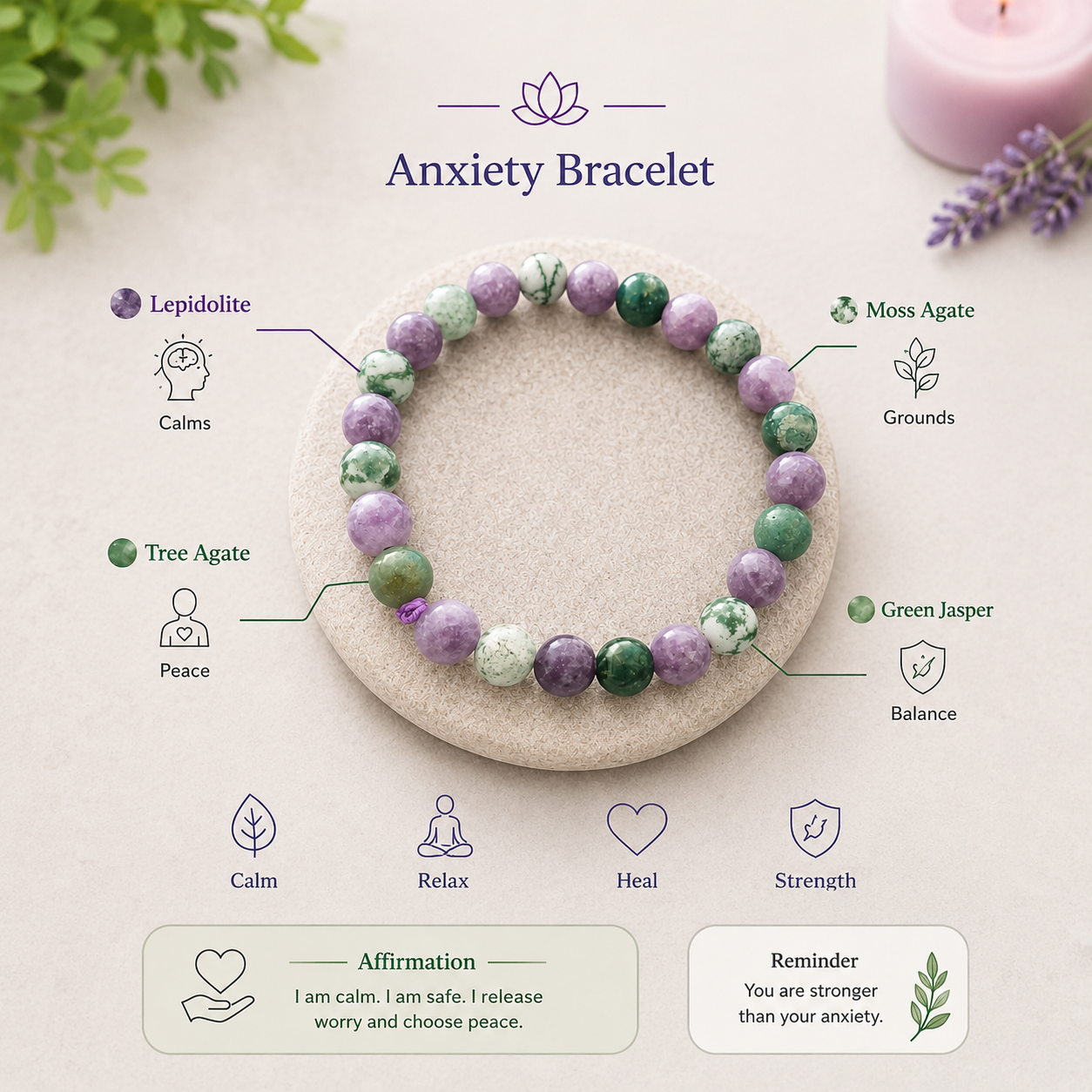 Anxiety Relief Crystal Bracelet – Calm Mind, Emotional Balance & Inner Peace