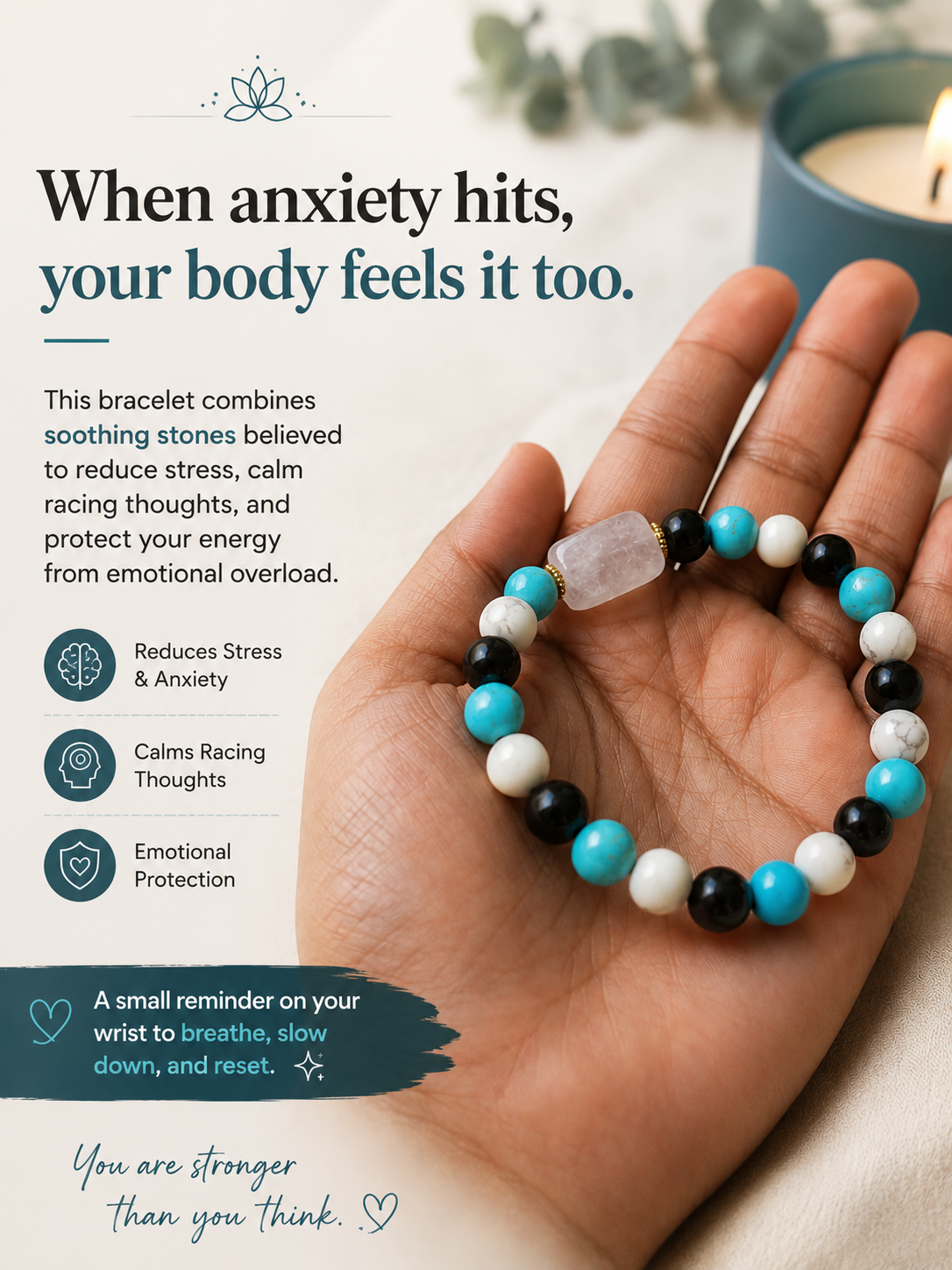 Anxiety Relief Crystal Bracelet for Calmness, Emotional Balance & Positive Energy