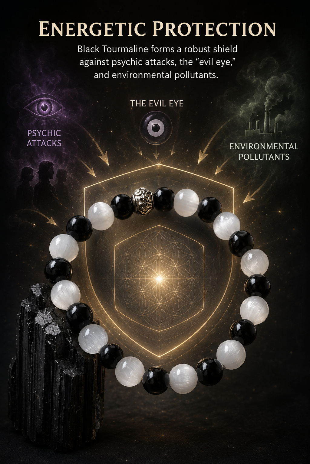 Black Tourmaline & Selenite Protection Bracelet – Spiritual Shield for Mental Clarity, Energy Protection & Chakra Balance