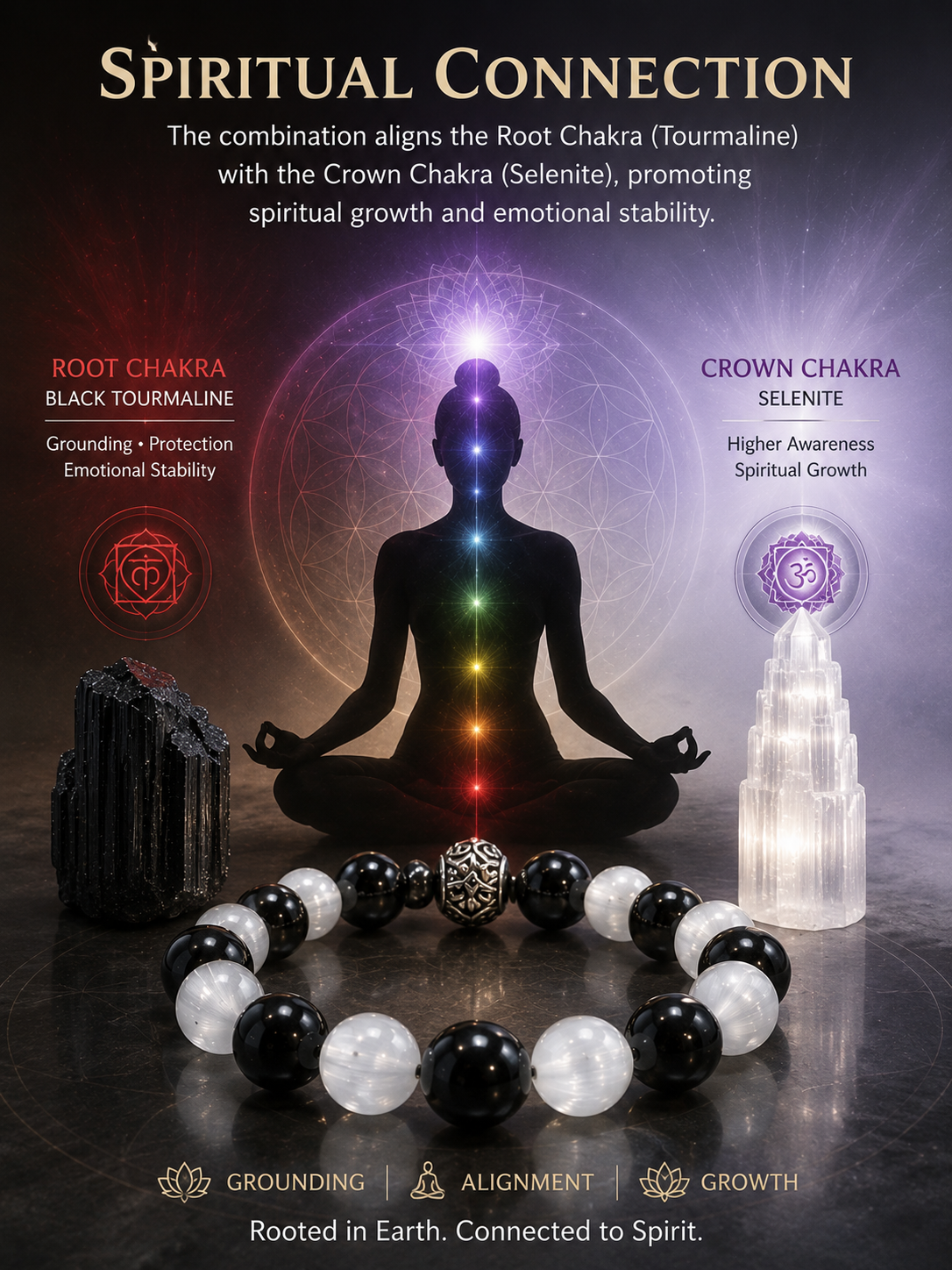 Black Tourmaline & Selenite Protection Bracelet – Spiritual Shield for Mental Clarity, Energy Protection & Chakra Balance