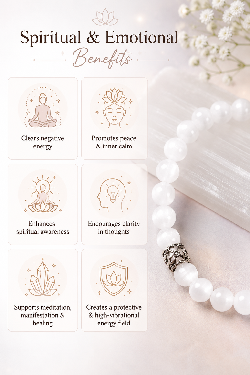 Pure Selenite Crystal Bracelet for Peace, Protection & Energy Cleansing