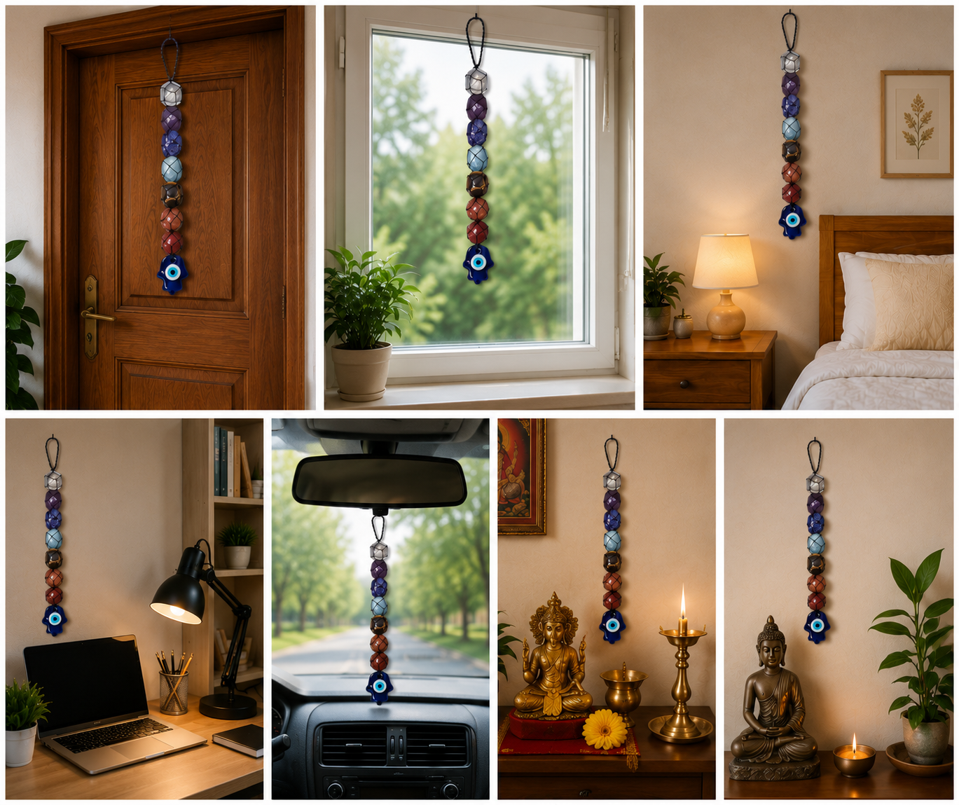 7 Chakra Hanging with Evil Eye Protection | Crystal Energy Wall & Door Hanging for Home, Car & Office