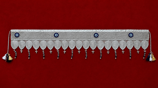 Silver Toran for Main Door | Traditional Indian Door Hanging with Blue Auspicious Motifs, Beads & Tassels | Elegant Home Entrance Decor for Pooja, Festive & Wedding Decoration