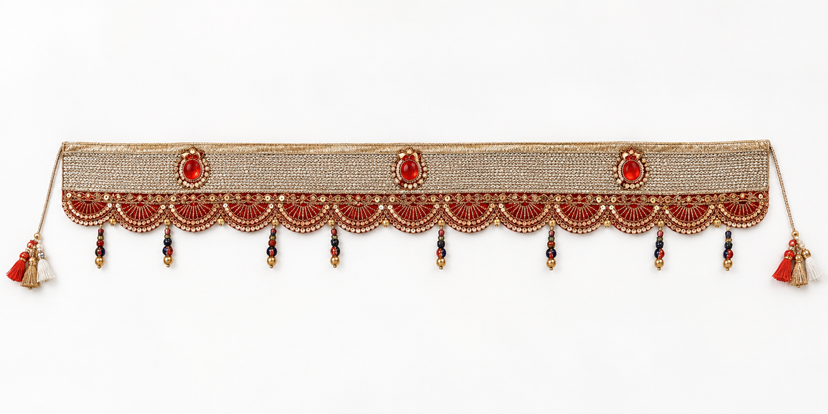 Traditional Red & Gold Embroidered Thoran | Elegant Decorative Door Hanging for Home, Pooja & Festive Decor