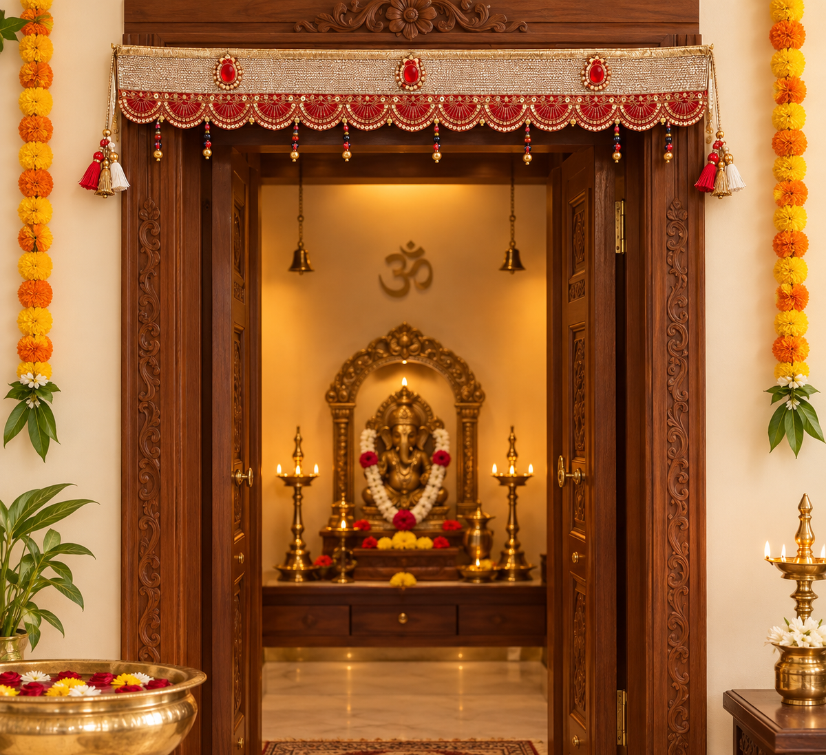 Traditional Red & Gold Embroidered Thoran | Elegant Decorative Door Hanging for Home, Pooja & Festive Decor