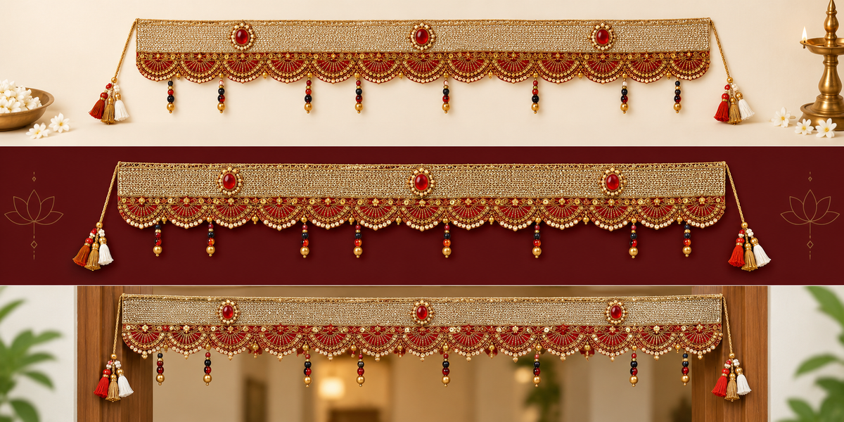 Traditional Red & Gold Embroidered Thoran | Elegant Decorative Door Hanging for Home, Pooja & Festive Decor