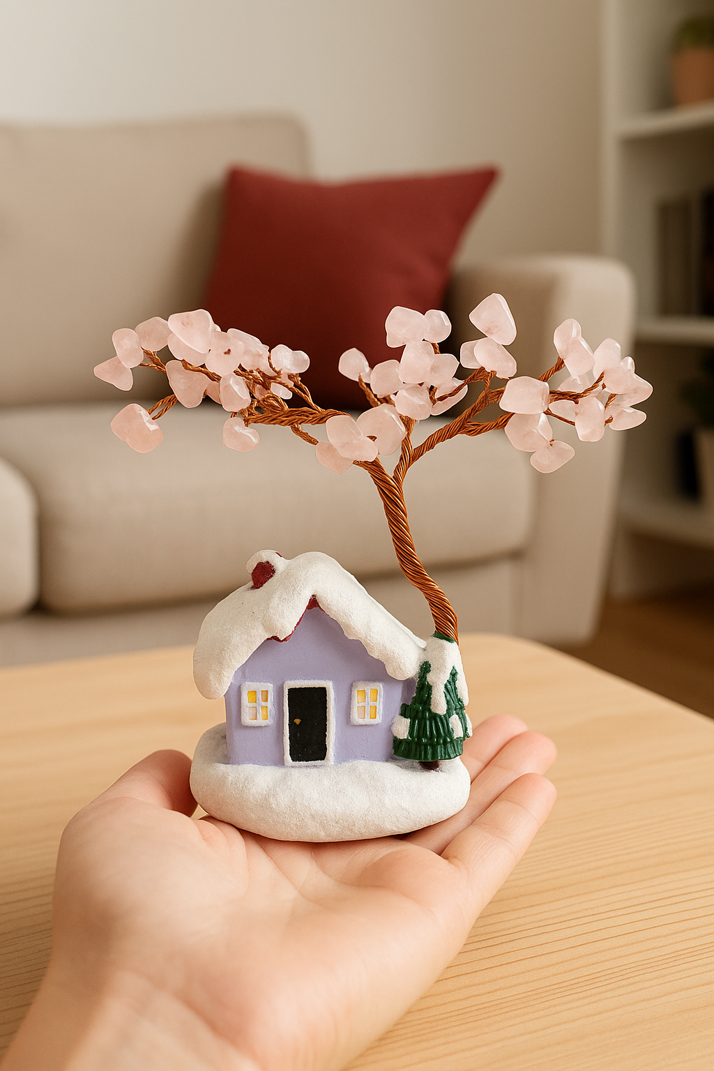 rose quartz tree with house