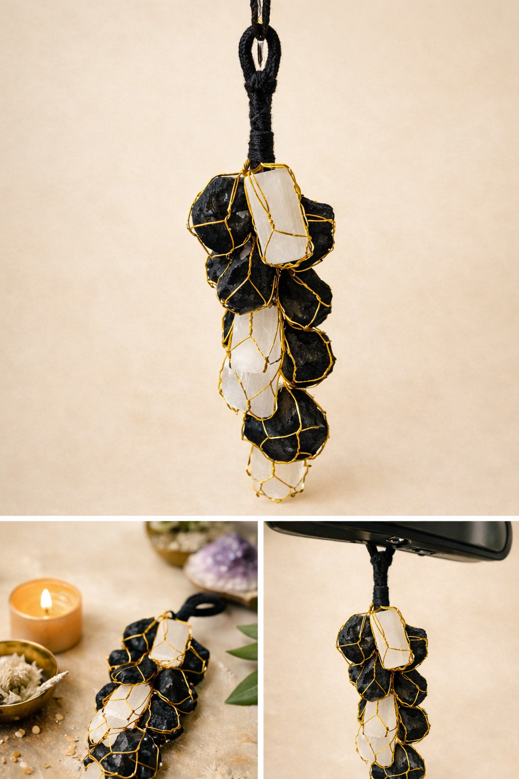 Black Tourmaline & Selenite Protection Hanging | Evil Eye Removal | Aura Cleansing Crystal Decor for Home, Office & Car